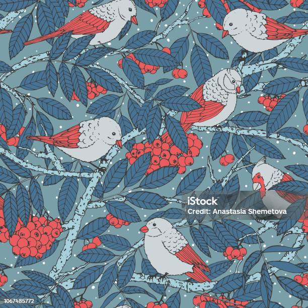 Hand Drawn Vector Seamless Pattern With Birds Branches Leaves And Rowanberry On Blue Dotted Background Snowy Winter Decoration Ornament For Fabric Textile Covers Or Wrapping Paper Stock Illustration - Download Image Now