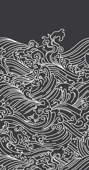 Ocean wave seamless black background. Japanese. Thai art. Line hand drawn.