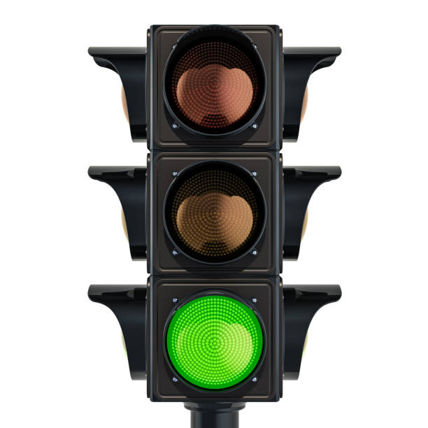 istock Traffic light with green color, 3D rendering isolated on white background 1067491740