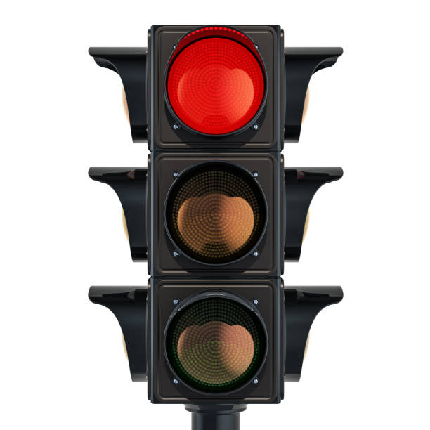Traffic light with red color, 3D rendering isolated on white background