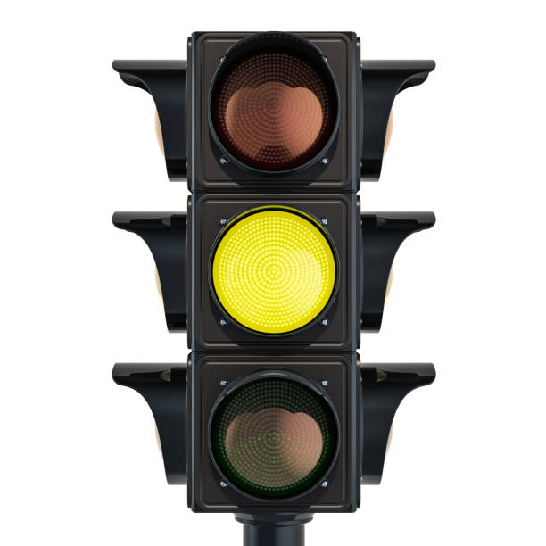 istock Traffic light with yellow color, 3D rendering isolated on white background 1067491762