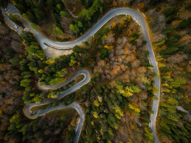 istock Curvy road trough atumn forest,aerial top down view 1067493568