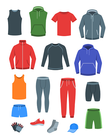Men casual clothes for fitness training. Basic garments for gym workout. Vector flat illustration. Outfit for active modern man. Sport style male shirts, pants, jackets, tops, bottoms, shorts, socks