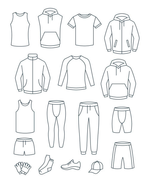 illustrazioni stock, clip art, cartoni animati e icone di tendenza di abiti casual da uomo di linea sottile per l'allenamento fitness - pantaloncini da corsa