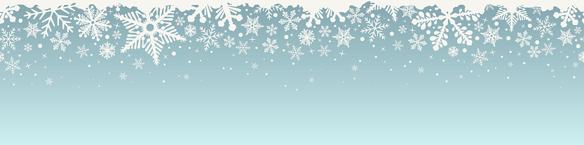 Abstract Christmas top snowflake seamless border. Background with white snowflakes and copy space. Vector illustration.