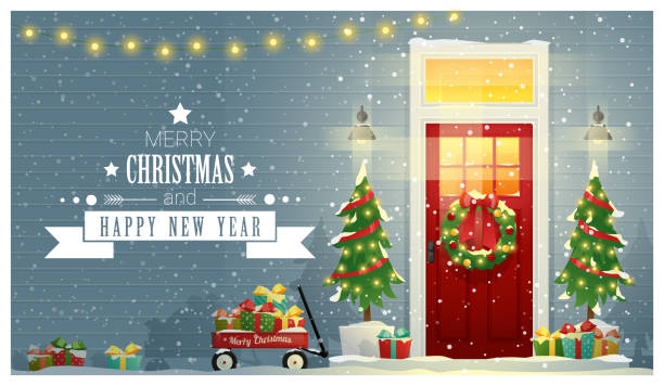 wesołych świąt i szczęśliwego nowego roku tło z zdobionymi drzwiami świątecznymi, wektorem, ilustracją - new year wall door decoration stock illustrations