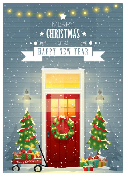 wesołych świąt i szczęśliwego nowego roku tło z zdobionymi drzwiami świątecznymi, wektorem, ilustracją - new year wall door decoration stock illustrations