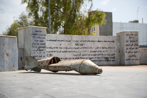 The remains of a bomb at a cemetery in Halabja, Iraq. The cemetery holds the remains of the people killed on March 16, 1988, in a chemical attack by Sadaam Hussein's forces. The attack occured in the final months of the eight-year-long Iran-Iraq War, and took the lives of up to 5,000 people in Halabja.