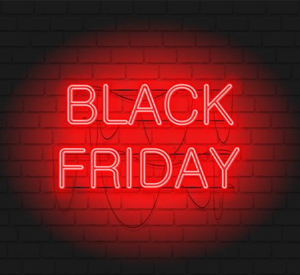 istock Dark web banner for black Friday sale. Modern neon red billboard on brick wall. 1067515432
