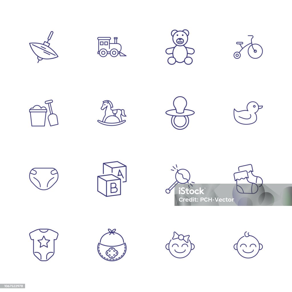 Baby line icon set Baby line icon set. Diaper, teddy bear, crib. Child care concept. Can be used for topics like toys, nursery, children room Icon Symbol stock vector