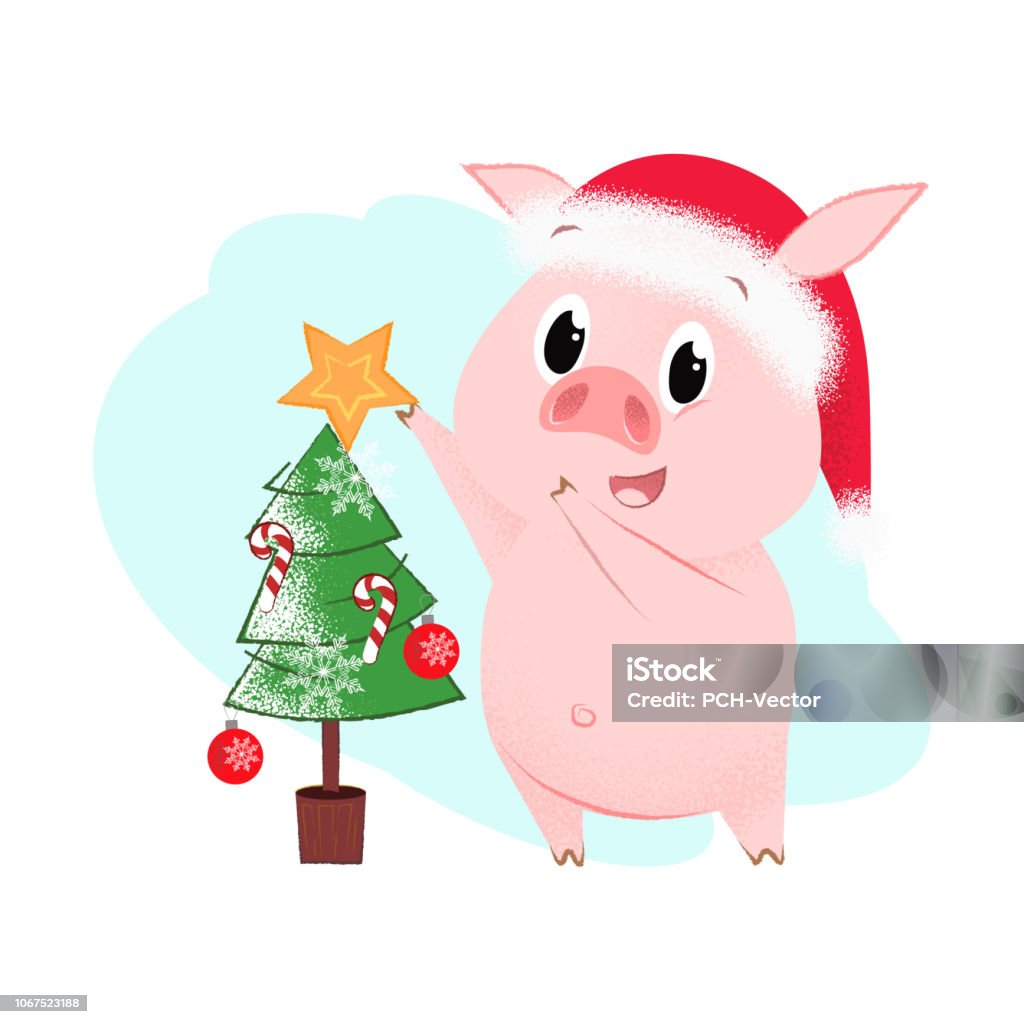 Cartoon piglet and fir tree postcard design Cartoon piglet and fir tree postcard design. Illustration of piggy in red hat decorating fir tree. Can be used for topics like Christmas, holiday, festival, cartoon Animal stock vector