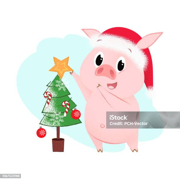 Cartoon Piglet And Fir Tree Postcard Design Stock Illustration - Download Image Now - Animal, Art, Bright
