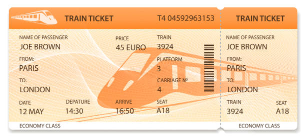 Vector Train ticket, Rail pass design, traveler check (template / layout) Train on orange background. Travel by Railway Transport. Enjoy your vacation. Isolated vector discount coupon template silhouette stock illustrations