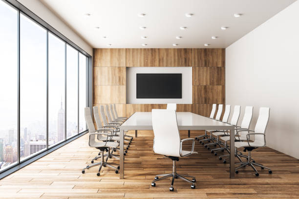 istock Modern wooden meeting room with banner 1067536836