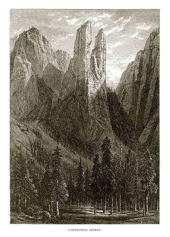 Very Rare, Beautifully Illustrated Antique Engraving of Cathedral Spires, Yosemite Valley, Yosemite National Park, Sierra Nevada, California, American Victorian Engraving, 1872. Source: Original edition from my own archives. Copyright has expired on this artwork. Digitally restored.