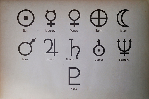 Close-up on Planetary symbols in Alchemy printed on paper.