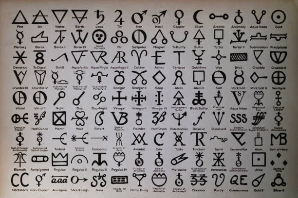 simboli di alchimia stampati su carta - piombo metallo foto e immagini stock