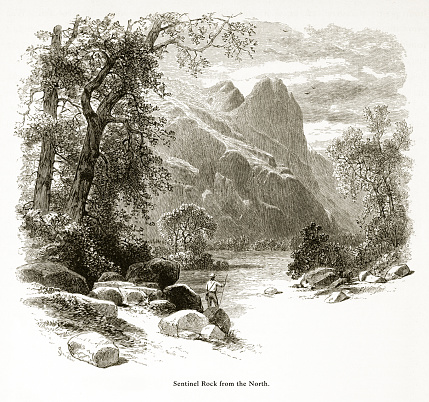 Very Rare, Beautifully Illustrated Antique Engraving of Sentinel Rock from the North, Yosemite Valley, Yosemite National Park, Sierra Nevada, California, American Victorian Engraving, 1872. Source: Original edition from my own archives. Copyright has expired on this artwork. Digitally restored.
