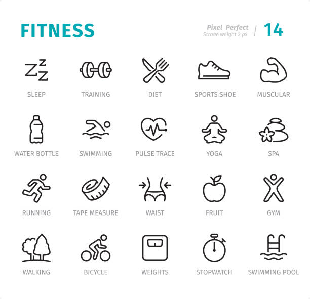 ilustrações de stock, clip art, desenhos animados e ícones de fitness - pixel perfect line icons with captions - dieting healthy eating healthy lifestyle tape measure