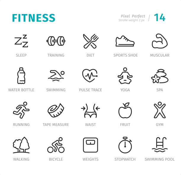 Fitness - Pixel Perfect line icons with captions Fitness - 20 Outline Style - Single line icons with captions / Set #14
Designed in 48x48pх square, outline stroke 2px.

First row of outline icons contains:
Sleep, Training, Diet, Sports Shoe, Muscular;

Second row contains:
Water Bottle, Swimming, Pulse Trace, Yoga, Spa;

Third row contains:
Running, Tape Measure, Waist, Fruit, Gym;

Fourth row contains:
Walking, Bicycle, Weights, Stopwatch, Swimming Pool.

Complete Signico collection - https://www.istockphoto.com/collaboration/boards/VT_7sDWo80OLh7foVxchBQ swimming symbols stock illustrations