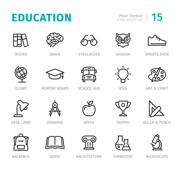 Education - Pixel Perfect line icons with captions Education - 20 Outline Style - Single line icons with captions / Set #15
Designed in 48x48pх square, outline stroke 2px.

First row of outline icons contains:
Books, Brain, Eyeglasses, Wisdom, Sports Shoe;

Second row contains:
Globe, Mortarboard, School Bus, Idea, Art & Craft;

Third row contains:
Desk Lamp, Drawing, Apple, Trophy, Rules & Pencil;

Fourth row contains:
Backpack, Book, Architecture, Chemistry, Microscope;

Complete Signico collection - https://www.istockphoto.com/collaboration/boards/VT_7sDWo80OLh7foVxchBQ animal brain stock illustrations