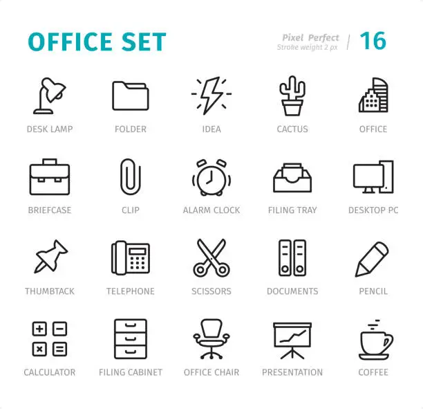 Vector illustration of Office - Pixel Perfect line icons with captions