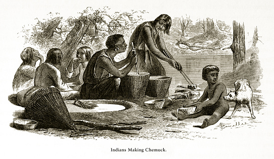 Very Rare, Beautifully Illustrated Antique Engraving of Native Americans making Chemuck in Yosemite, Yosemite Valley, Yosemite National Park, Sierra Nevada, California, American Victorian Engraving, 1872. Source: Original edition from my own archives. Copyright has expired on this artwork. Digitally restored.