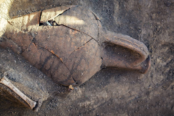 ancient ceramic jug, amphora and human bones in the burial found during archaeological excavations