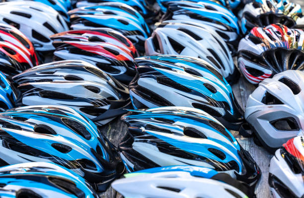 istock Full Frame Shot Of Bicycle Helmets Outdoors 1067550698