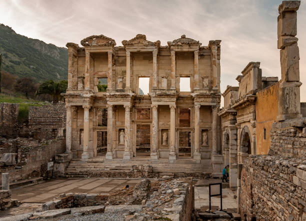 Library of Celsus in Ephesus Ancient City in Turkey. UNESCO World Heritage site. library, celsus, ancient culture, built exterior, greek, rome, statue, ornament, structure celsus library photos stock pictures, royalty-free photos & images