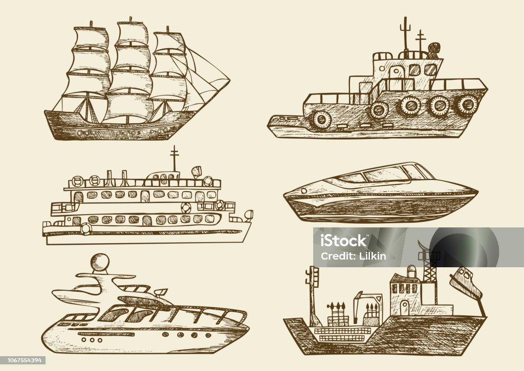 Hand drawn vector ships and boats Set of hand drawn sea boats, passenger ships and yachts. Vintage vector illustration of nautical vessels Ferry stock vector
