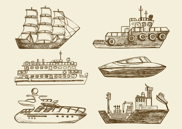 Hand drawn vector ships and boats Set of hand drawn sea boats, passenger ships and yachts. Vintage vector illustration of nautical vessels ferry stock illustrations