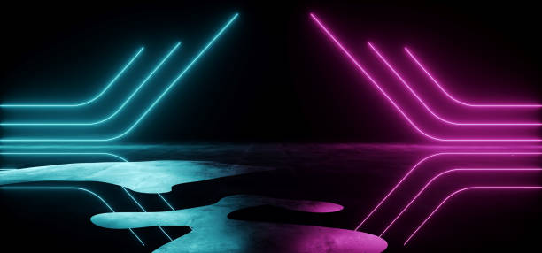 istock Empty Abstract Sci Fi Modern Futuristic Dark Room With Black Background And Grunge Reflective Wet Concrete With Neon Glowing  Purple And Blue Triangle Shaped Lights Background 3D Rendering 1067554444
