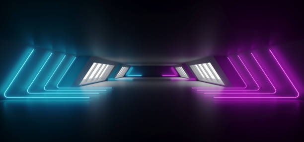 istock Modern Futuristic Sci Fi Alien Ship Reflective Dark Empty Long Corridor Tunnel With Big White Windows And Purple Blue Triangle Shaped Neon Glowing Lines Background 3D Rendering 1067554638