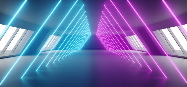 istock Modern Futuristic Sci Fi Alien Ship Reflective Dark Empty Long Corridor Tunnel With Big White Windows And Purple Blue Triangle Shaped Neon Glowing Lines Background 3D Rendering 1067555016