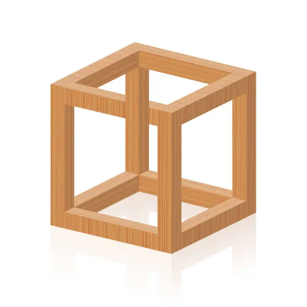 Vector illustration of Optical illusion. Impossible or irrational cube, invented by M.C. Escher. Isolated wooden textured vector illustration on white background.