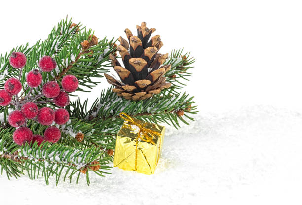 istock Christmas decorations on white background. Fir tree branch with decoration in snow. 1067559650