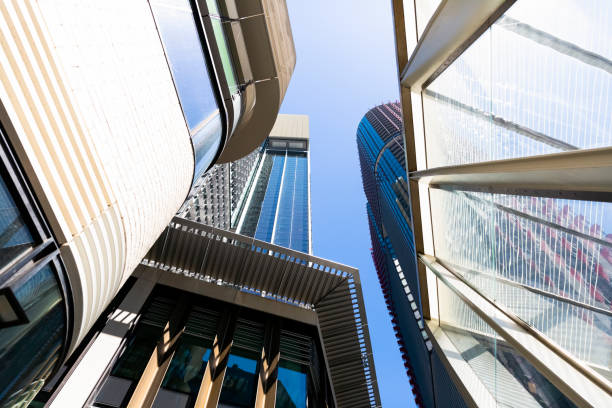 istock Low angle view of office buildings, skyscrapers, copy space 1067563966