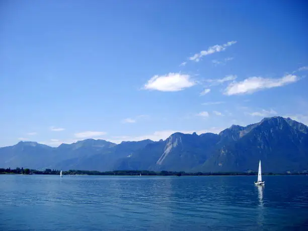 Beautiful lake Geneva,view from Castle Chillon,one of the most visited castles in MONTREUX, Switzerland
