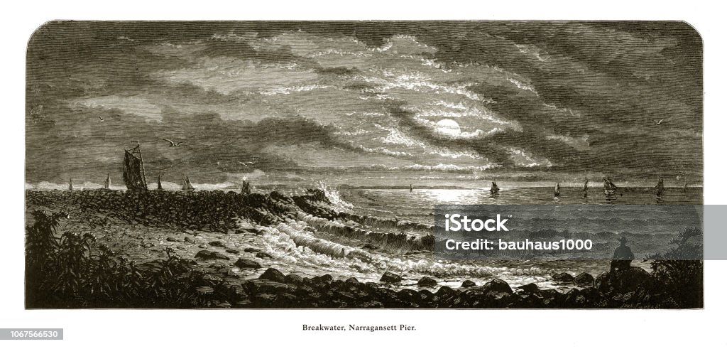 Break water, Narragansett Pier, Providence, Rhode Island, United States, American Victorian Engraving, 1872 Very Rare, Beautifully Illustrated Antique Engraving of Break water, Narragansett Pier, Providence, Rhode Island, United States, American Victorian Engraving, 1872. Source: Original edition from my own archives. Copyright has expired on this artwork. Digitally restored. Engraving stock illustration