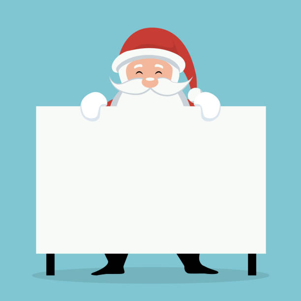 Christmas card of Santa Claus behind white sign or placard Beautiful Christmas card of cartoons of santa claus, reindeer, snowman and others. peeking stock illustrations