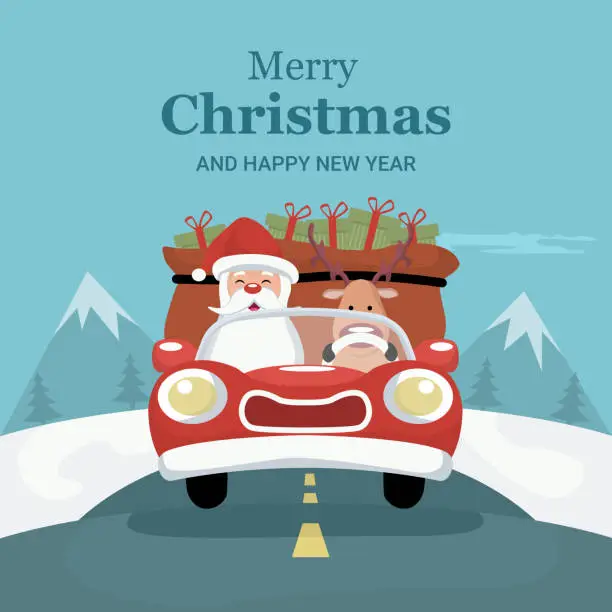Vector illustration of Reindeer Christmas card driving car with Santa Claus