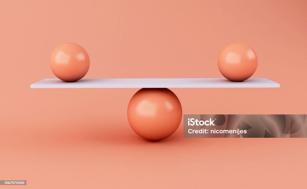 3d spheres balancing on a seesaw. 3d illustration. Spheres balancing on a seesaw. balance concept. Balance Stock Photo