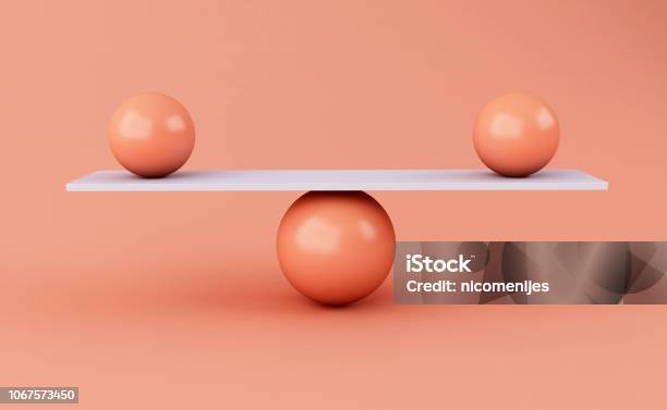 3d Spheres Balancing On A Seesaw Stock Photo - Download Image Now - Balance, Concepts, Abstract