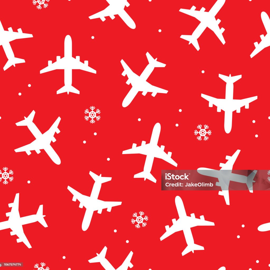 Airplane Christmas Pattern Vector illustration of airplanes and snowflakes in a repeating pattern against a red background. Christmas stock vector