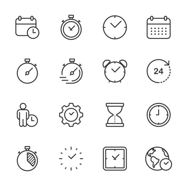 illustrazioni stock, clip art, cartoni animati e icone di tendenza di ora e orologio - set di icone struttura - globe and alarm clock
