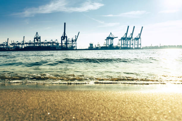 istock Elbe beach in Hamburg with Cargo cranes 1067576812