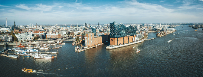 Wide panoramic drone view over the river on Hamburg Hafen city