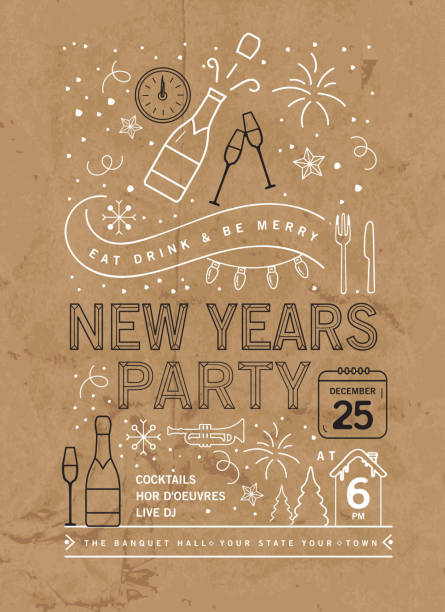 Holiday New Years Party Invitation Design Template with line art icons Vector illustration of a modern Holiday New Years Party Invitation Design Template with line art icons. Fully editable and customizable. new years eve party stock illustrations