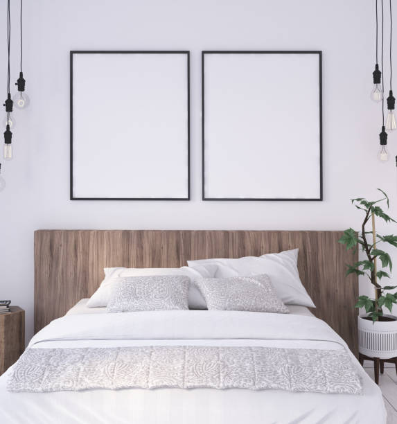 istock Mock-up poster frame in rustic bedroom interior background 1067581252